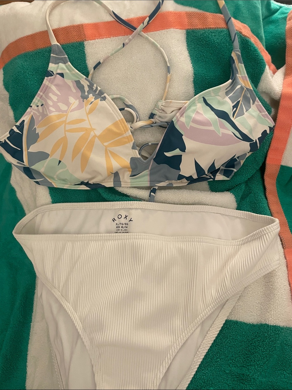 Roxy Pastel Tropical Triangle Bikini Top with White Ribbed Bottom